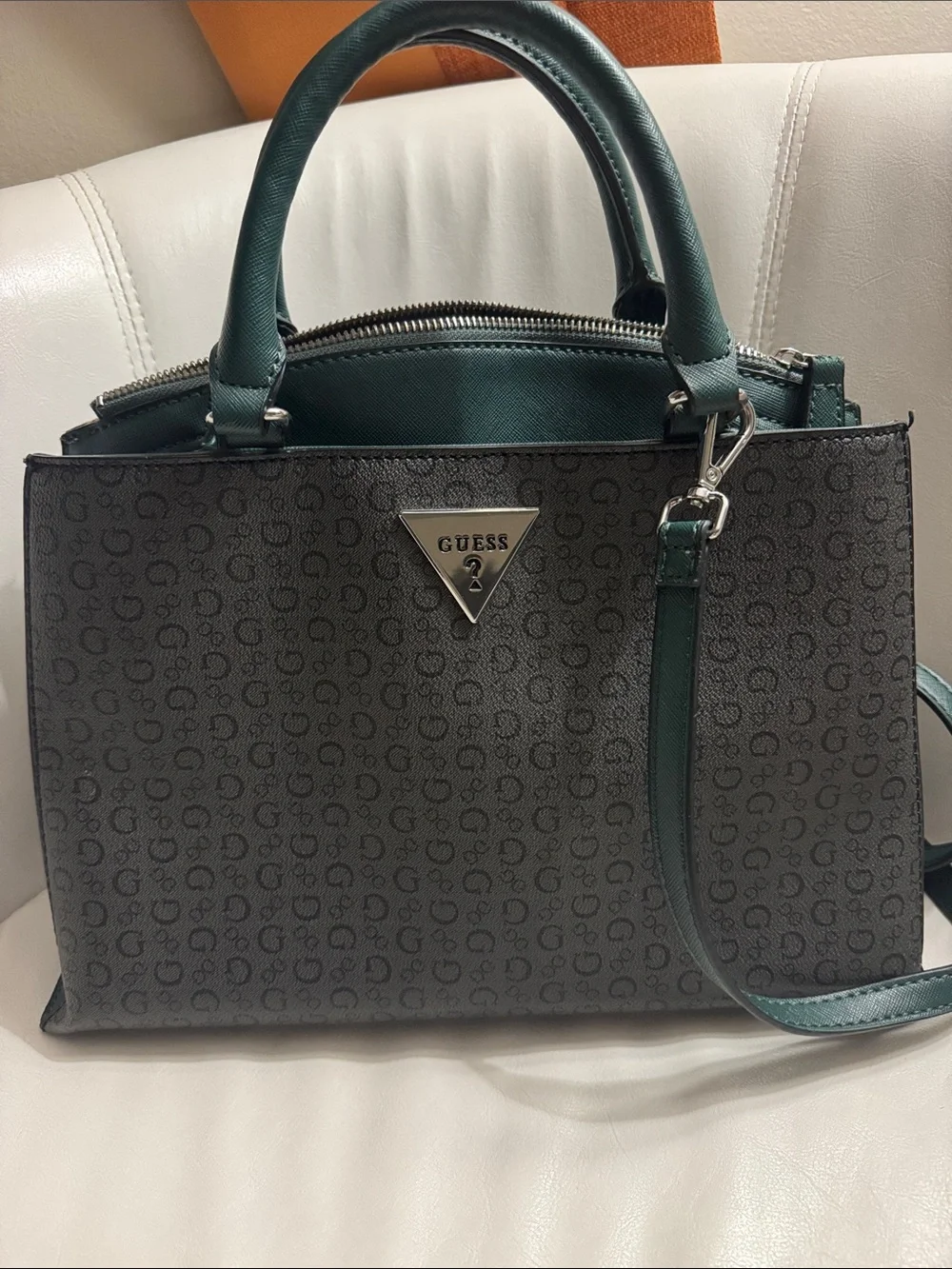 GUESS Gray Monogram Satchel with Green Trim and Strap